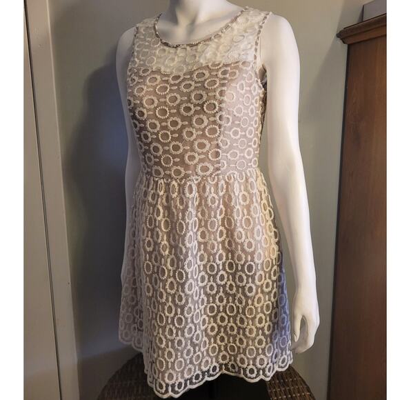 Tea Rose Embroidered Skater Dress L Fit Flare Mesh Layered Neutral Coquette - Picture 2 of 9